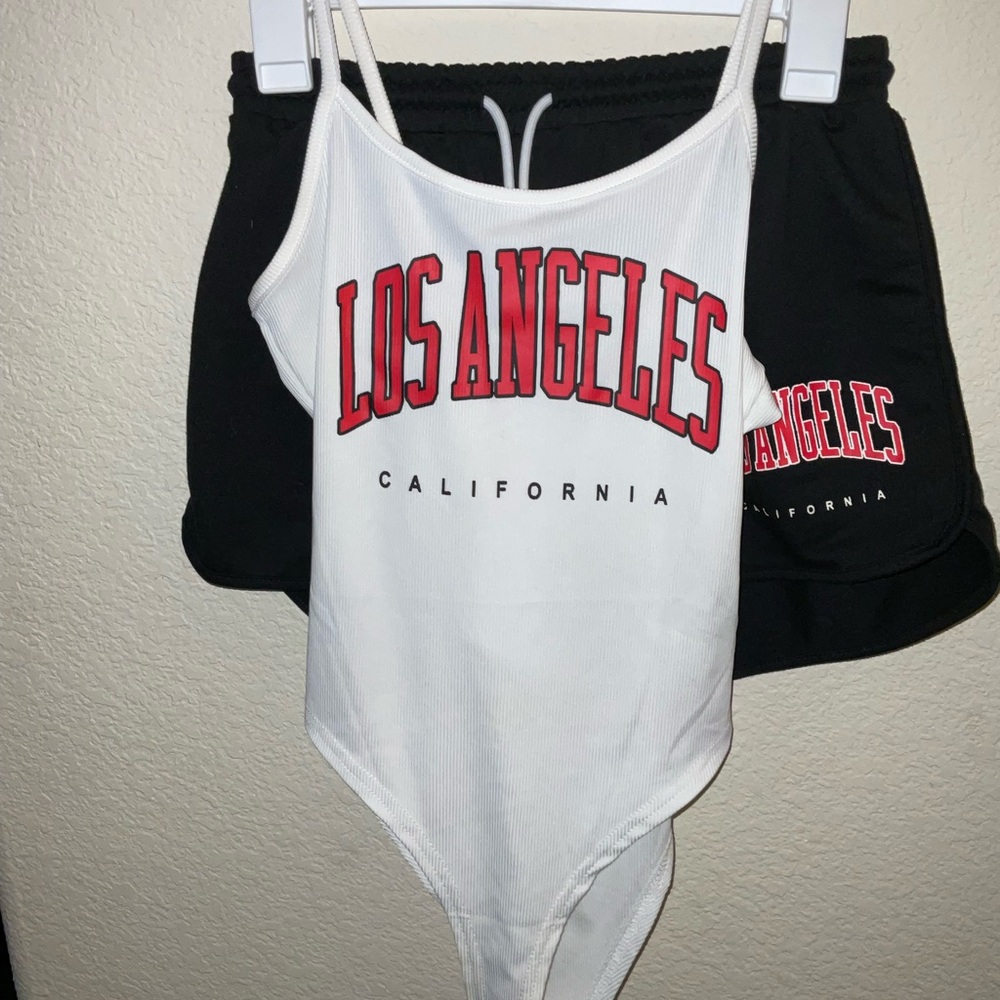 Los Angeles California White Bodysuit and Black Shorts Set